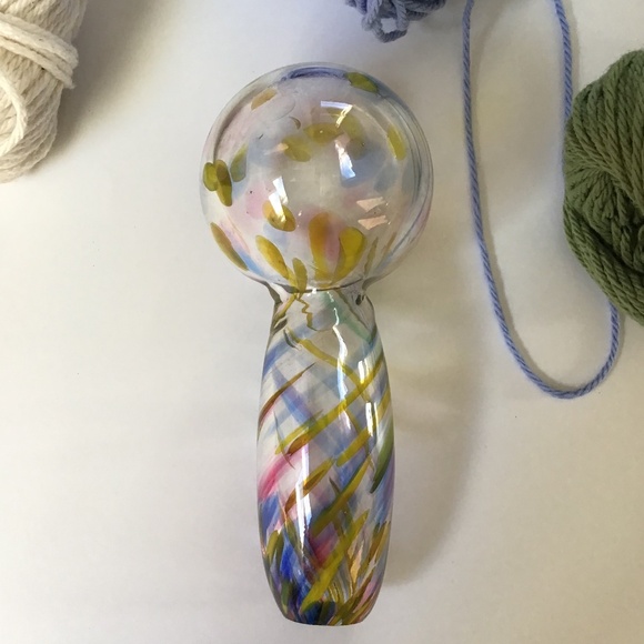 Vintage Hand Blown Glass Sock Darner End of Day Spatter Blue Yellow Pink Art - Picture 1 of 12